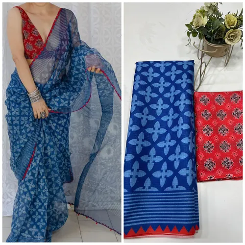 Soft Munga Kota Cotton Checks Saree with Beautiful Prints & Contrast Blouse